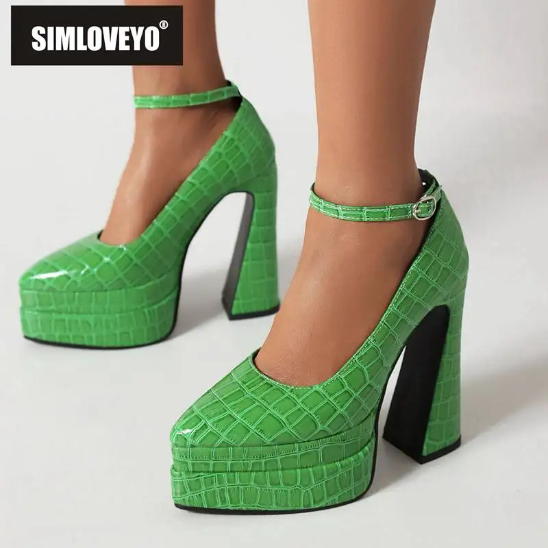 

SIMLOVEYO Female Pumps Pointed Toe Strange Heel 14cm Double Platform 5cm Buckle Strap Plaid Large Size 41 42 43 Sexy Party Shoes