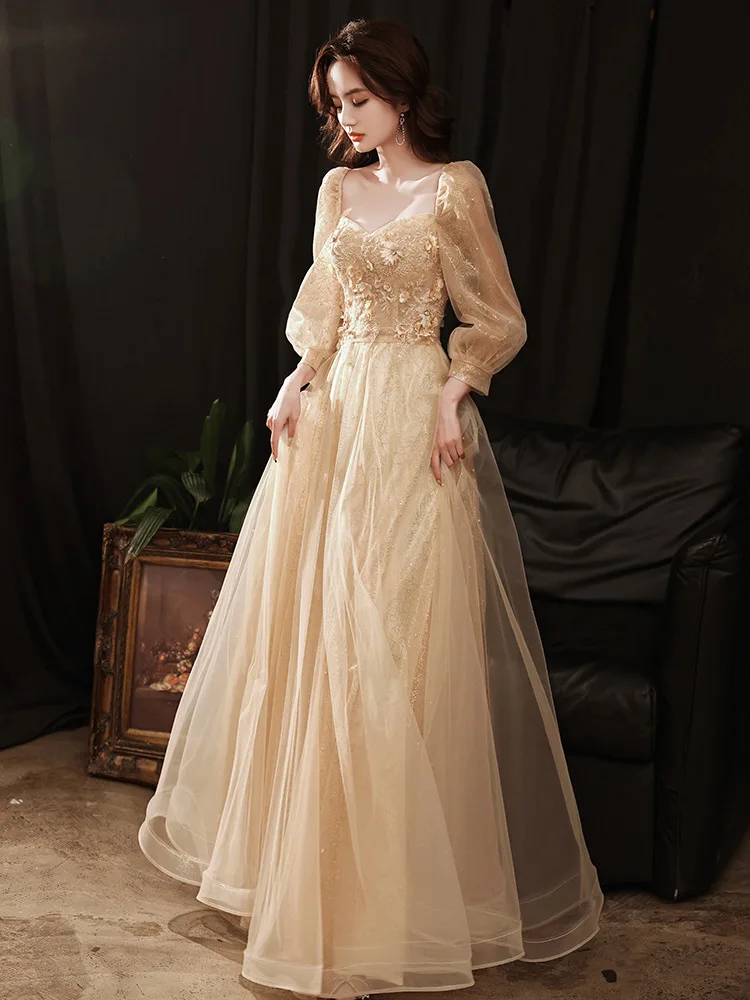 Champagne Applique Prom Gown Women Square Neck Seven Sleeve Tulle Evening Dress Elegant Modern A-Line Cocktail Dresses
Champagne Applique Prom Gown Women Square Neck Seven Sleeve Tulle Evening Dress Elegant Modern A-Line Cocktail Dresses