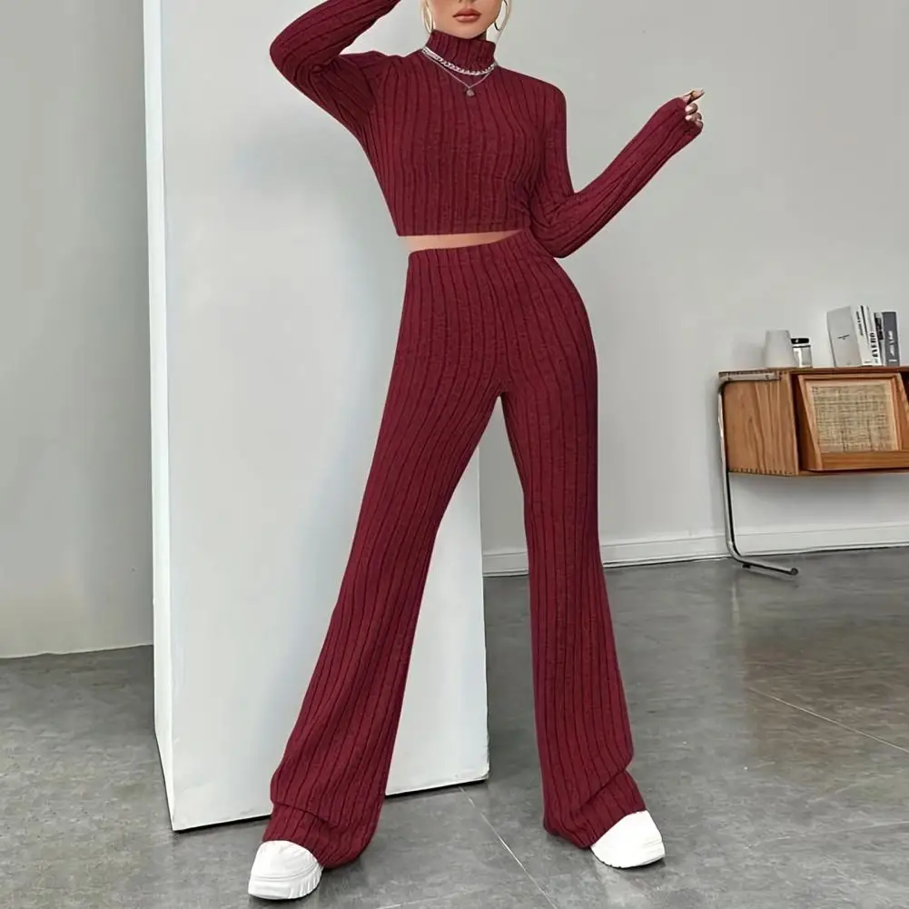 

2Pcs/Set Women Solid Color Knitting Outfit Turtleneck Long Sleeve Cropped Tops High Waist Flared Pants Slim Fit Ribbed Winter Ou