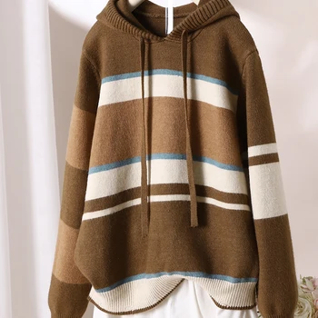 Autumn and Winter 23 New Womens Hooded Knitted Pullover Womens Color Matching Stripes Art Korean Loose Casual Sweater