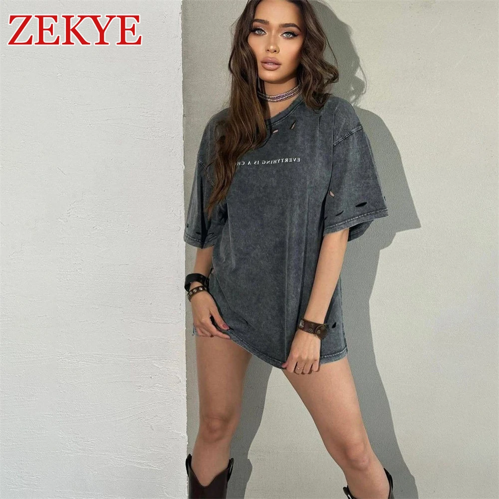 

Zekye Distressed Hollow Out Vintage Loose Tee Shirt Summer Grey Printed Streetwear Retro Grunge Hip Hop Tshirts Women Casual