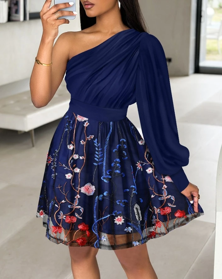 

Party Dress for Women 2024 Spring/autumn One Shoulder Lantern Sleeve Floral Embroidered Sheer Mesh Patch Casual Mini Aline Dress