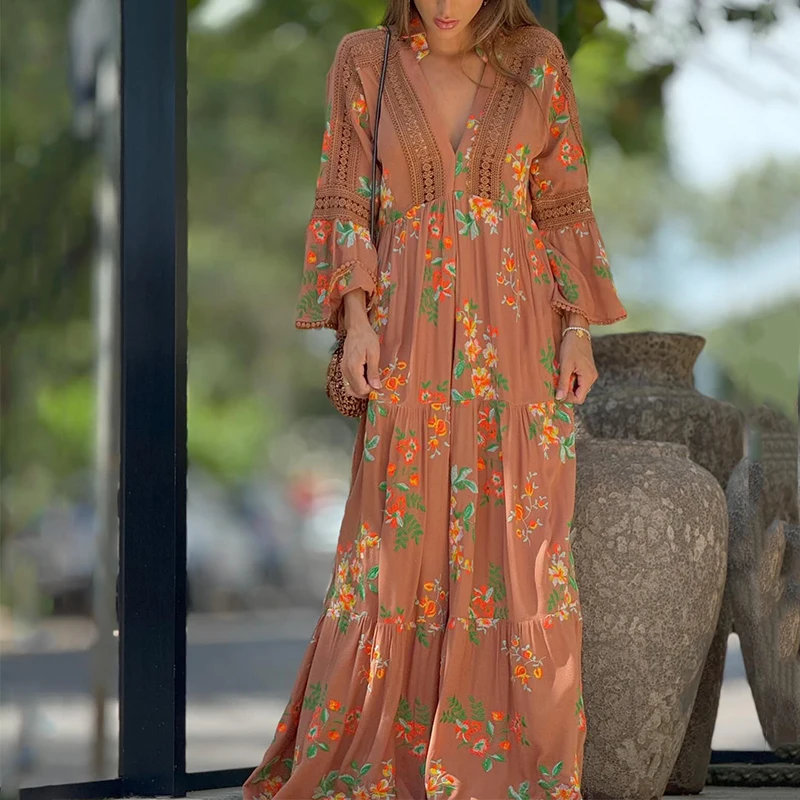 Summer Women Flare Sleeve Maxi Dress Elegant 2024 Cotton Linen Embroidery Bohe Beach Dress Casual Stitch Lace V-Neck Loose Dress
Summer Women Flare Sleeve Maxi Dress Elegant 2024 Cotton Linen Embroidery Bohe Beach Dress Casual Stitch Lace V-Neck Loose Dress