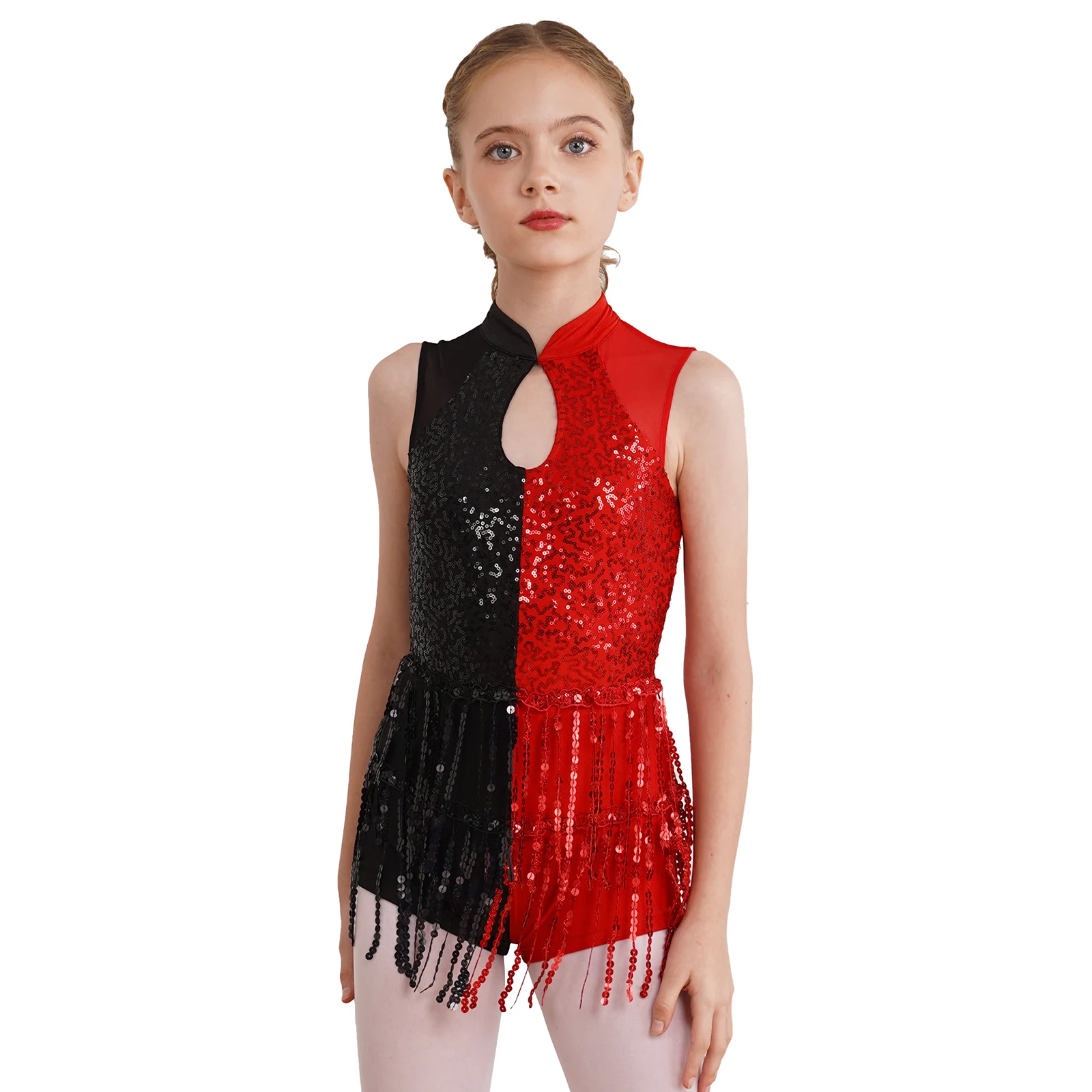 

Kids Girls Glittery Sequins Tassels Leotard Sheer Mesh Patchwork Keyhole Sleeveless Jumpsuit for Figure Skating Jazz Dance