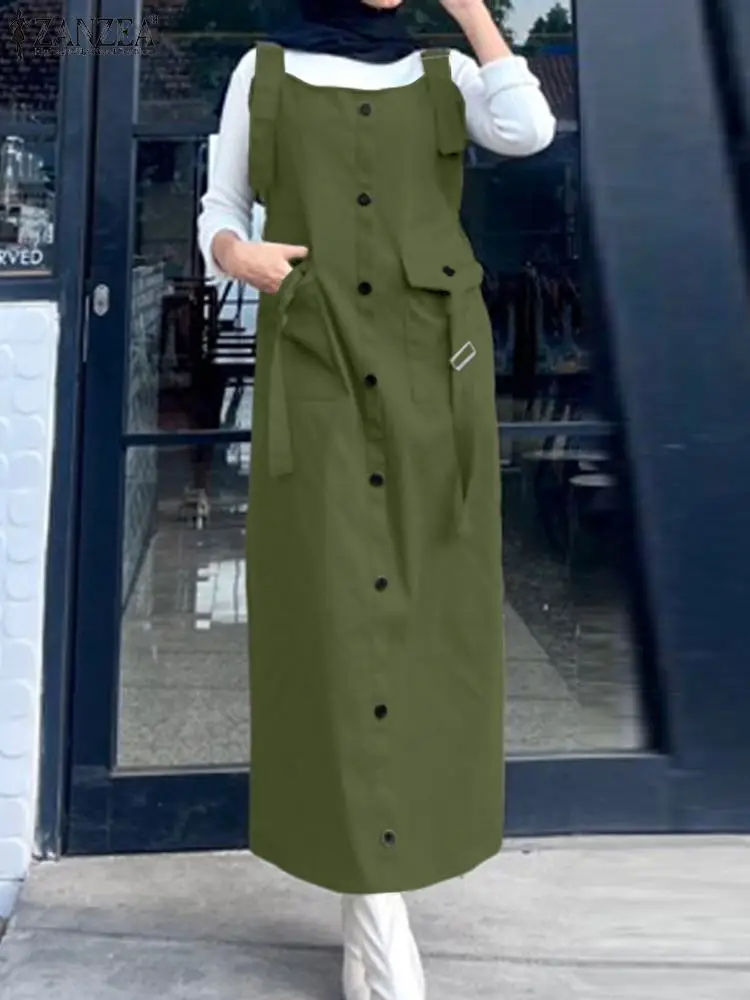 

2024 ZANZEA Fashion Spaghetti Strap Overalls Dress Women Summer Muslim Abaya Sundress Vintage Casual Mid-calf Vestido Robe Femme