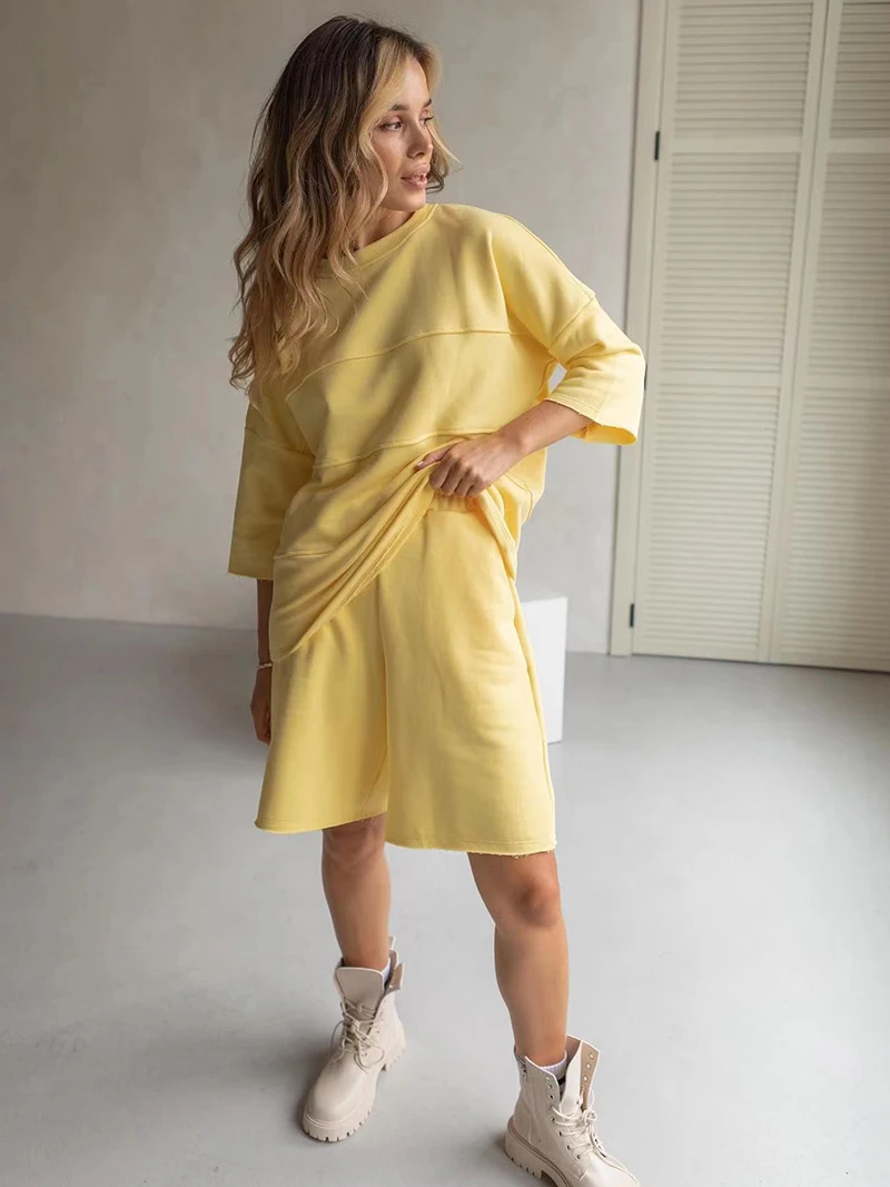 Bornladies Sommer 100% Baumwolle Sets Frauen Casual Zwei Stücke Halbe Hülse Patchwork T Shirts & Hohe Taille Shorts Outfits Trainingsanzug Bornladies Sommer 100% Baumwolle Sets Frauen Casual Zwei Stücke Halbe Hülse Patchwork T Shirts & Hohe Taille Shorts Outfits Trainingsanzug