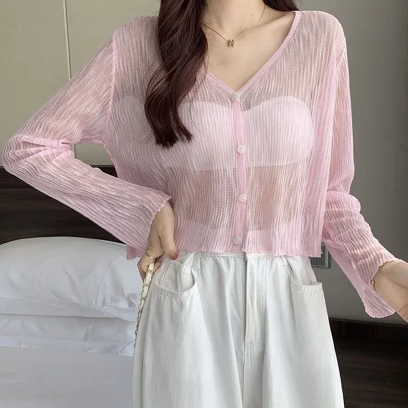 Pink Knitted Cardigan Women Korean Single-Breasted Ice Silk Sunscreen Tops Woman 2024 Summer See Through Thin Long Sleeve Coat
Pink Knitted Cardigan Women Korean Single-Breasted Ice Silk Sunscreen Tops Woman 2024 Summer See Through Thin Long Sleeve Coat