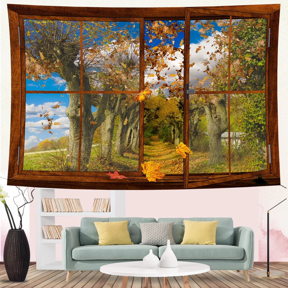 

Autumn Maple Leaf Tapestry Wall Hanging Fall Tree Wooden Window Forest Scenery Tapestry Home Bedroom Decor Art Background Fabric