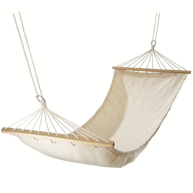 

Cotton canvas white hammock with wooden pole single indoor outdoor leisure swing