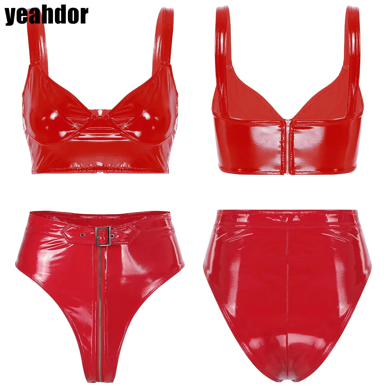 Womens Wet Look Patent Leather Lingerie Set Wireless V Neck Bra Top with High Waist Zipper Crotch Briefs Sexy Clubwear
Womens Wet Look Patent Leather Lingerie Set Wireless V Neck Bra Top with High Waist Zipper Crotch Briefs Sexy Clubwear
