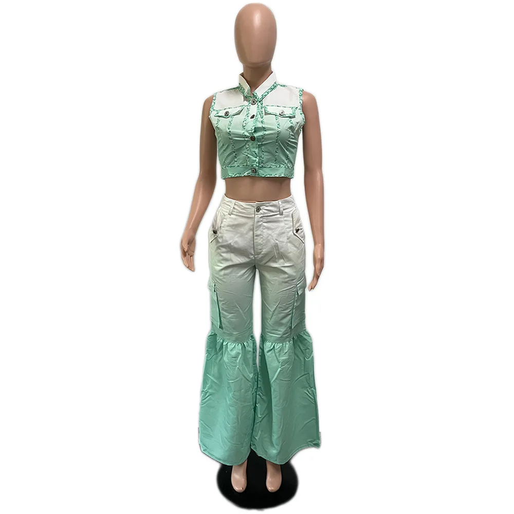 

Summer Women's New Best-selling Sleeveless Lapel Single-breasted Fashion Temperament Slim Button Bell Bottoms Suit.