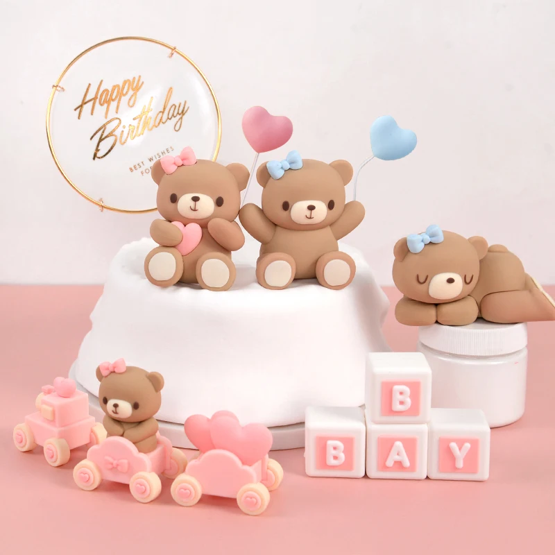 

Cute Teddy Bear Cake Topper Happy Birthday Cake Decoration Baby Shower Decor Boy Girl Kids Birthday Gender Reveal Supplies