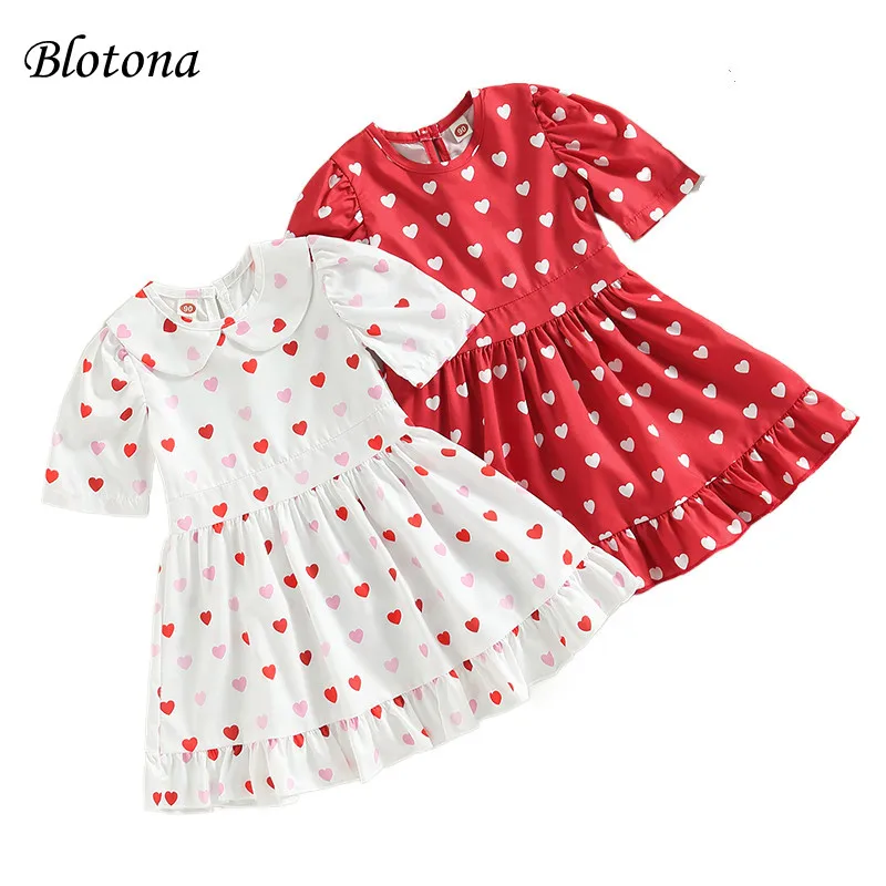 

Blotona Kids Girls Valentine's Day Dresses, Short Sleeve O-Neck Ruffle Heart Print A-Line Casual High Waist Dress 9Months-4Years