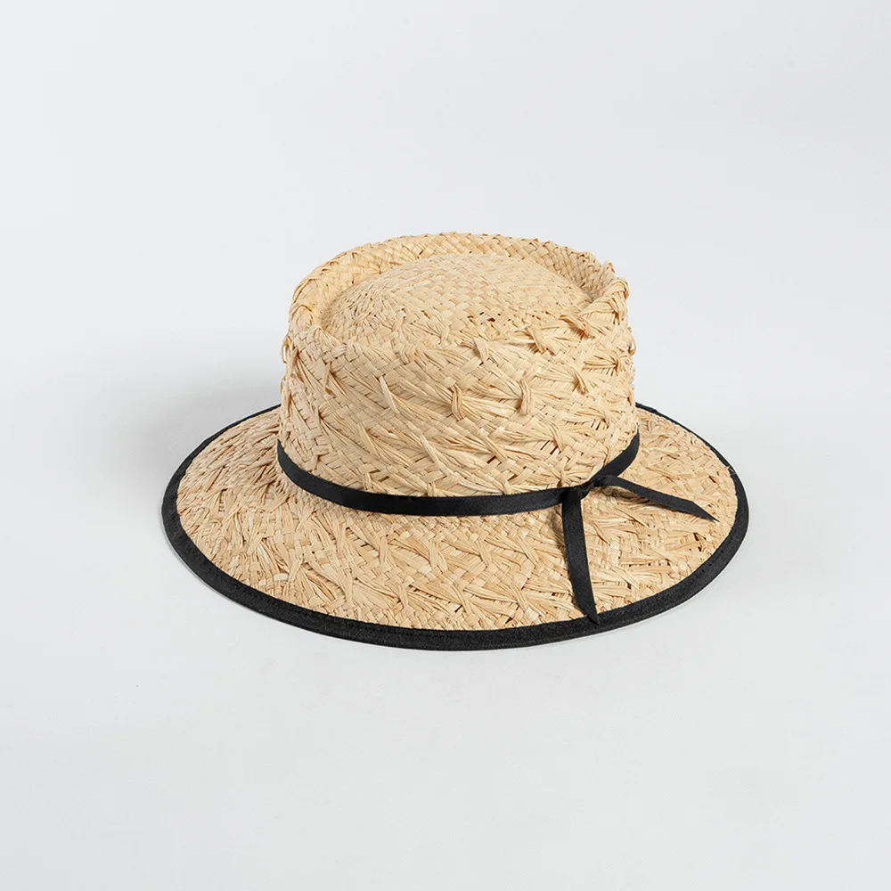 

2024 Summer New Floral Weaving Lafite Grass Wrapped Edge Tie Flat Top Lafite Straw Hat Outdoor Sun Protection Sunshade Straw Hat