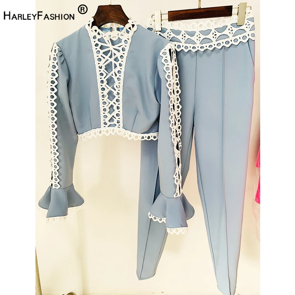 2 Colors Option Lace Hollow Flare Sleeve Short Tops Pants 2 Pcs Set Elegant Slim Fashion Women Suit
2 Colors Option Lace Hollow Flare Sleeve Short Tops Pants 2 Pcs Set Elegant Slim Fashion Women Suit