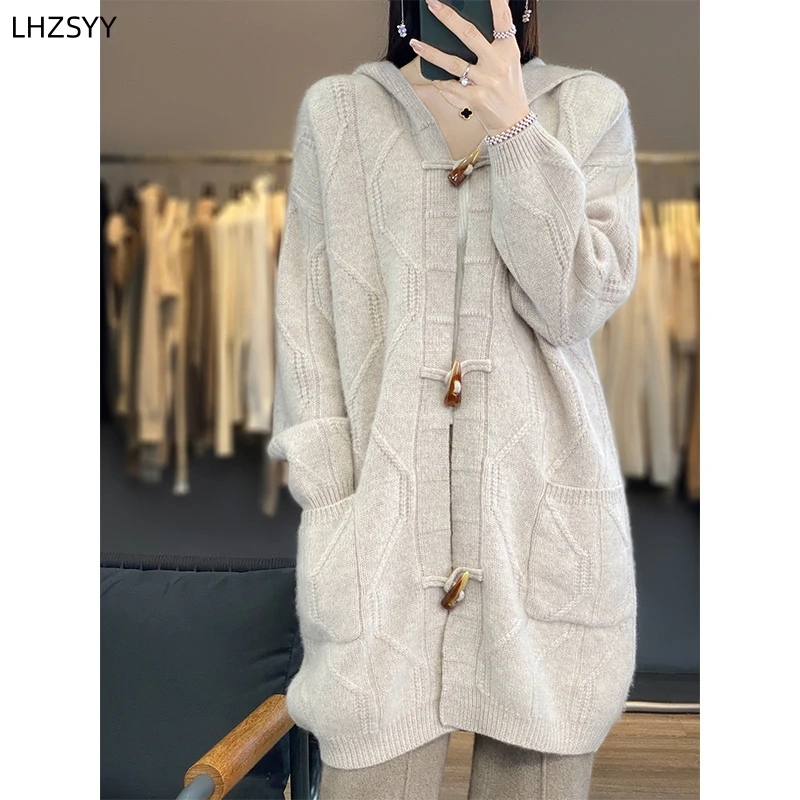 

LHZSYY Ladies' 100% Merino Wool Thicken Coats Autumn Winter New Large size Hooded Sweater Warm Long Horn Button Jacket Knit Tops