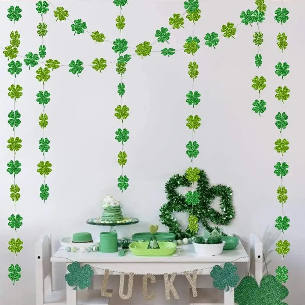 

St. Patricks Day Party Decorations,Green Leaves,Glitter Shamrock,Clover String Chain,Irish Birthday Party,Corridor Decor