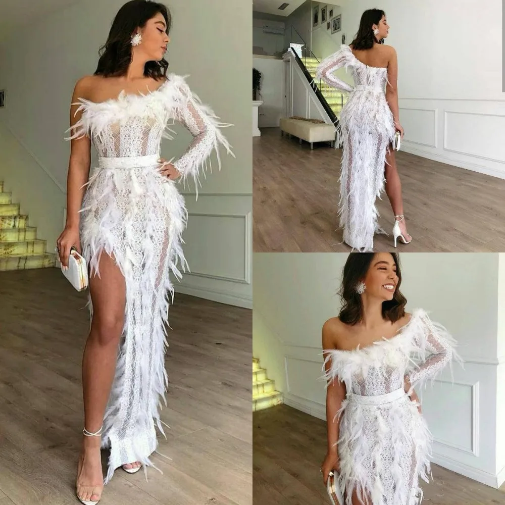 White Muslim Evening Dresses Shealth One Shoulder Feathers Slit Sexy Islamic Dubai Saudi Arabic Long Elegant Evening Gown
White Muslim Evening Dresses Shealth One Shoulder Feathers Slit Sexy Islamic Dubai Saudi Arabic Long Elegant Evening Gown