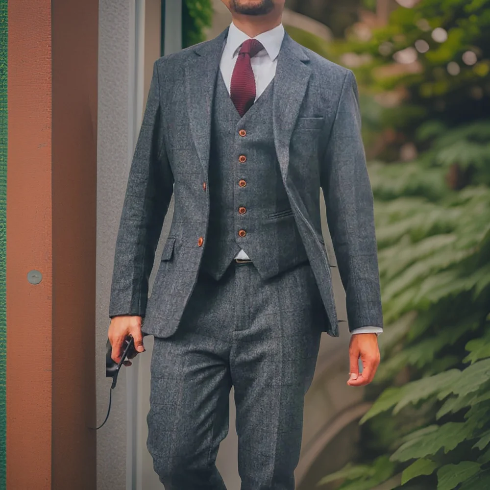 

Wool Herringbone Men Suits Retro Gentleman 3 Pieces Tweed Business Suits Jacket Vest Pants Groom Wedding Tuxedo 2024