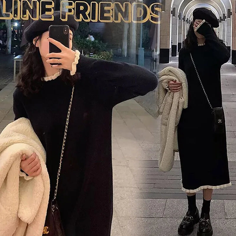 Korean Style Autumn Maternity Clothes Pregnant Women Knitting Dress Ruffles Collar Long Sleeve Pregnany Sweaters Black Dresses
Korean Style Autumn Maternity Clothes Pregnant Women Knitting Dress Ruffles Collar Long Sleeve Pregnany Sweaters Black Dresses