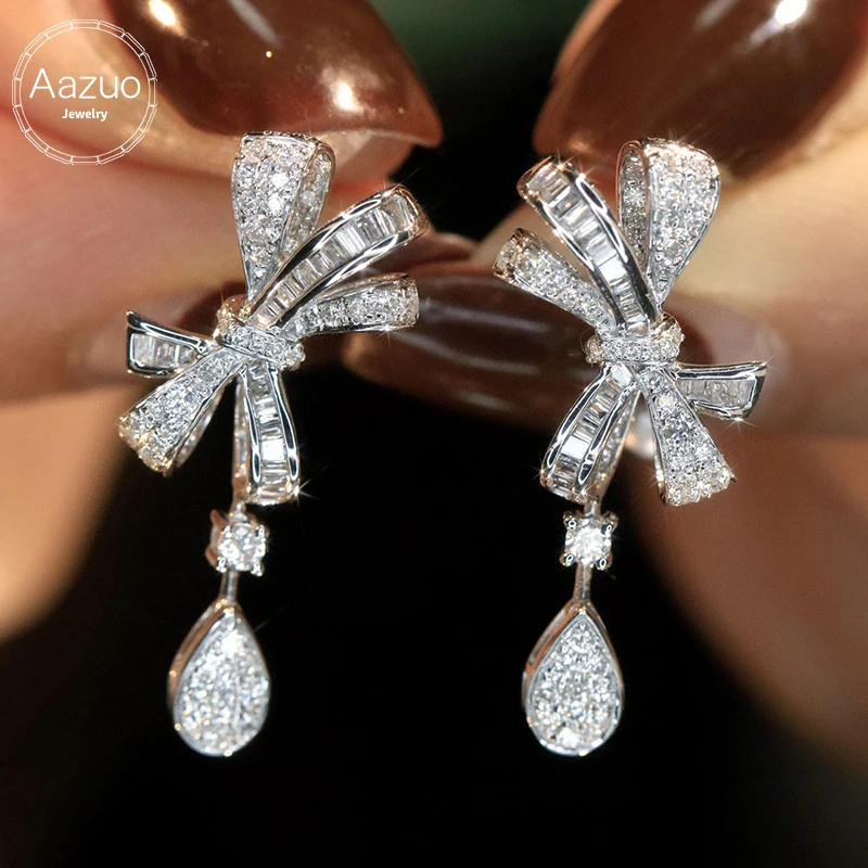 

Aazuo Luxury Jewelry 18K White Gold Natrual Diamonds 0.75ct Fashion Bowknot Earrings For Baby Girl Friend Fashon Gift Thin Au750