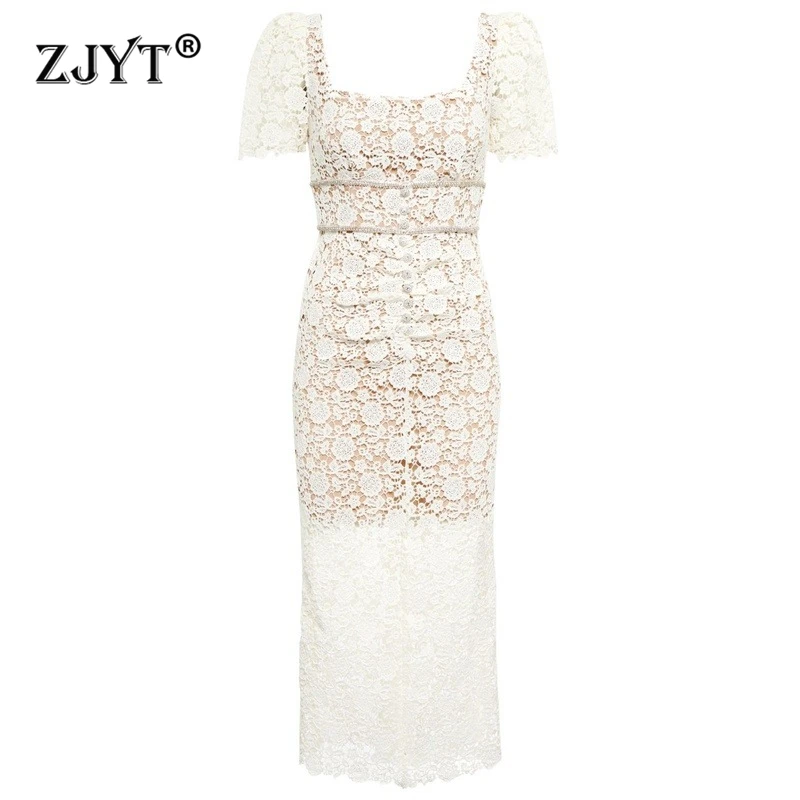 

ZJYT Designer Hollow Out Crochet Lace Dresses for Women Summer Runway Beading Midi Party Dress Square Collar Backless Sexy Robe
