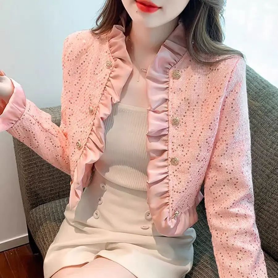 Pink Tweed Women's Short Jacket 2022 Elegant Small Fragrance Coat Female Temperament Fashion Sweet Ruffles Long Sleeve Outerwear
Pink Tweed Women's Short Jacket 2022 Elegant Small Fragrance Coat Female Temperament Fashion Sweet Ruffles Long Sleeve Outerwear