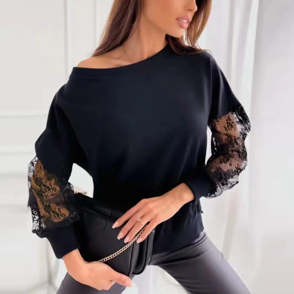 

Women Shirt See-through Lace Patchwork Long Sleeve Flower Embroidery Solid Color One Shoulder OL Commute Style Lady Blouse