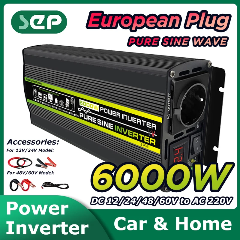 European Plug 6000W Pure Sine Wave Inverter 12V24V48V60V To 220V Cooling Fans For Battery Car RV
European Plug 6000W Pure Sine Wave Inverter 12V24V48V60V To 220V Cooling Fans For Battery Car RV