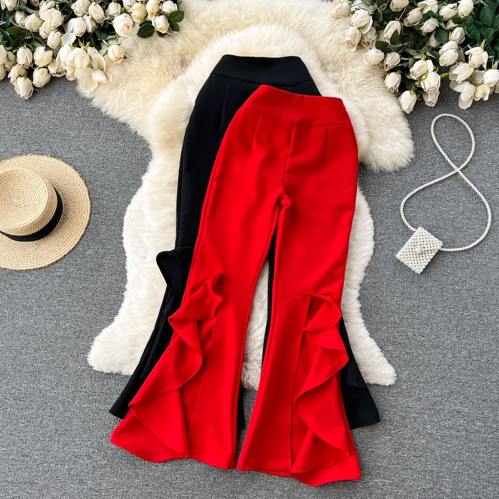 2022 Summer New Version of the High-waisted Slim Ruffled Slit Flared Trousers Western Style All-match Casual Wide-leg Pants
2022 Summer New Version of the High-waisted Slim Ruffled Slit Flared Trousers Western Style All-match Casual Wide-leg Pants