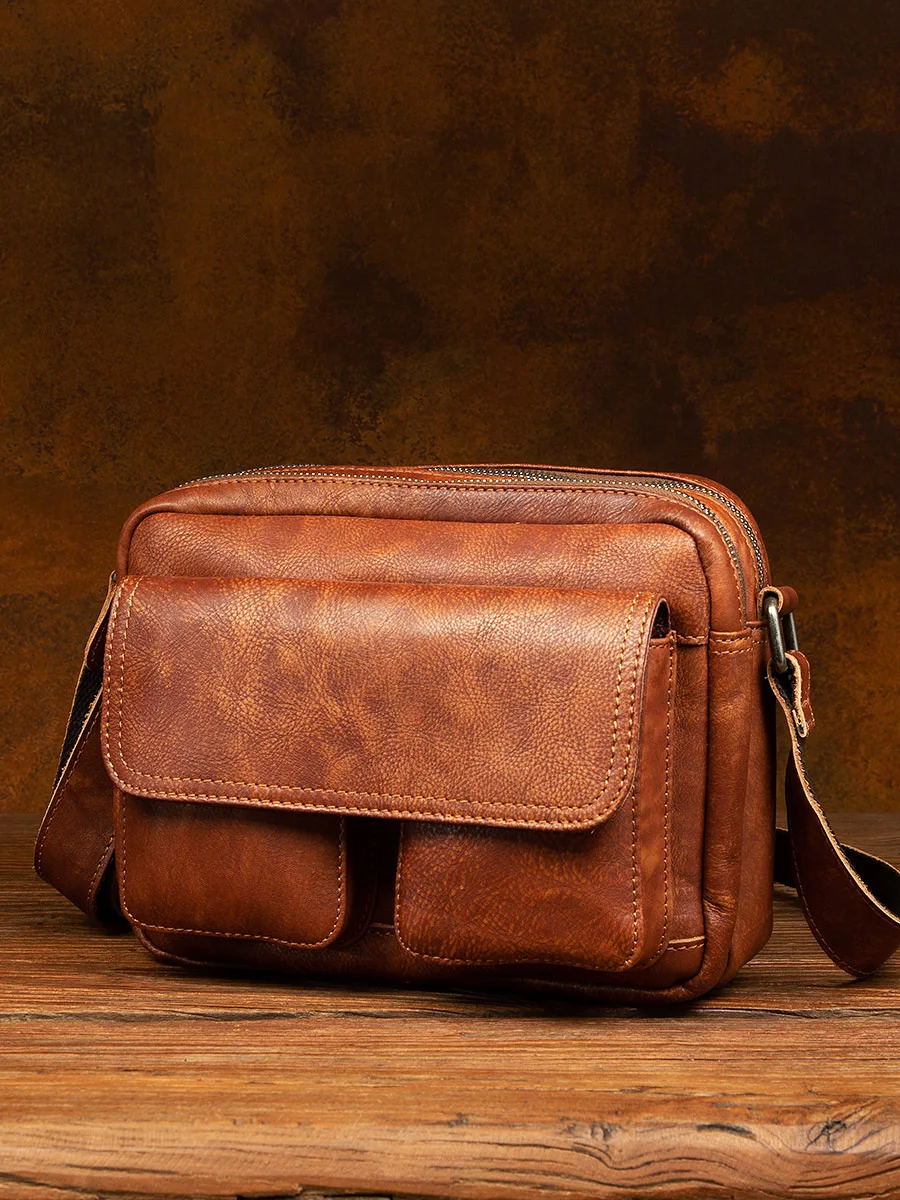 

High Quality Handmade Vegetable Tanned Cowhide Messenger Bag Small Backpack Men's Horizontal Retro Shoulder Leather Casual