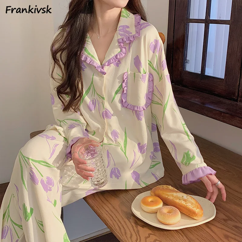 

Ruffles Pajama Sets Women Loose Printing Autumn Spliced Soft Sleepwear Home Exquisite Ladies Prevalent Panelled Prairie Chic