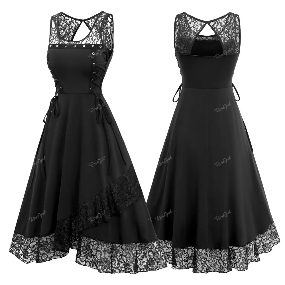 

ROSEGAL Plus Size Women's Dresses Gothic Floral Lace Cut Our Lace-up Dress Black Party Evening Dress Summer Vestidos New Rober
