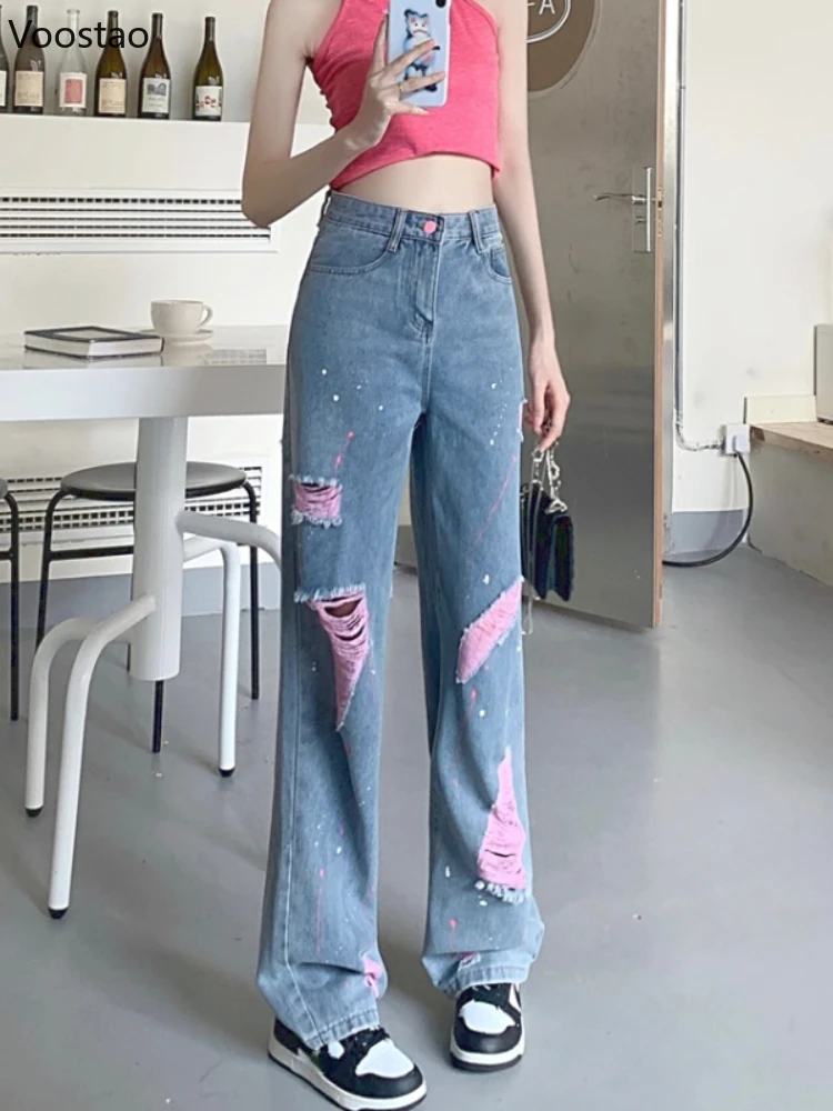 Vintage Streetwear Y2k Ripped Jeans Women Casual Loose High Waist Straight Denim Pants Korean Female Sweet Wide Leg Trousers 
Vintage Streetwear Y2k Ripped Jeans Women Casual Loose High Waist Straight Denim Pants Korean Female Sweet Wide Leg Trousers