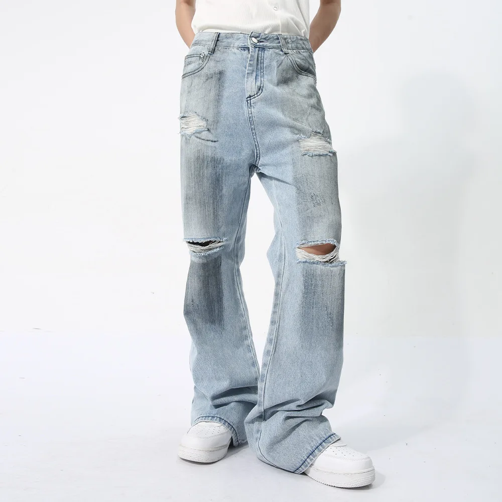 

Men Fashion Ripped High Quality Trouser Solid Washed Streetwear Holes Baggy Jeans Men Ripped Streetwear Denim Wide-leg Pants