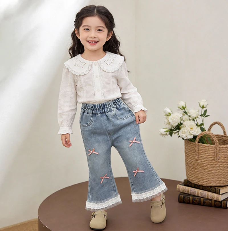 بنطلونات جينز للفتيات لفصلي الربيع والخريف بأسلوب غربي مع دانتيل وفيونكة، سراويل واسعة من الأسفل، بنطلونات طويلة أنيقة للفتيات الصغيرات بأسلوب كوري متعدد الاستخدامات بنطلونات جينز للفتيات لفصلي الربيع والخريف بأسلوب غربي مع دانتيل وفيونكة، سراويل واسعة من الأسفل، بنطلونات طويلة أنيقة للفتيات الصغيرات بأسلوب كوري متعدد الاستخدامات