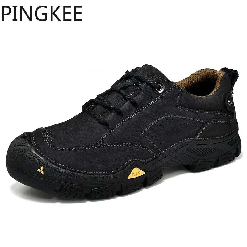 

PINGKEE Men Casual Shoes Full Grain Cow Leather Upper Trail Trekking Backpacking Sneakers For Men's Winter Light Hiking Boots