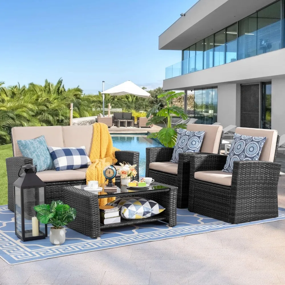 4-Piece Outdoor Patio Furniture Set, Wicker Rattan Sectional Sofa Couch with Glass Coffee Table | Black
4-Piece Outdoor Patio Furniture Set, Wicker Rattan Sectional Sofa Couch with Glass Coffee Table | Black