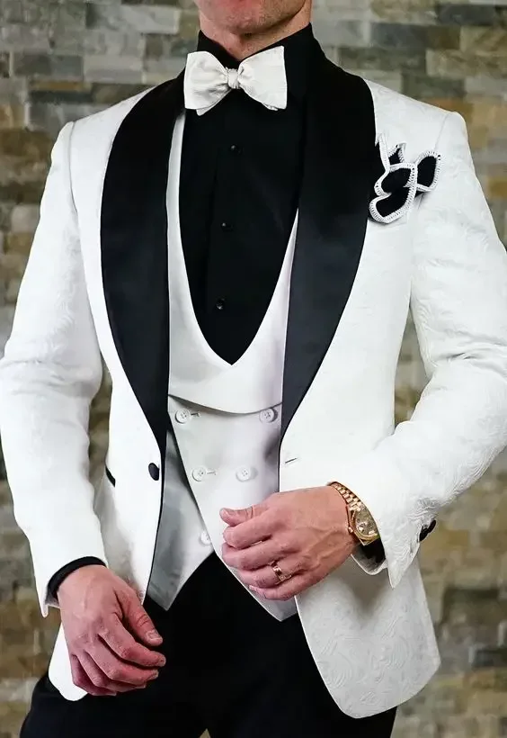 

White Jacquard Formal Wedding Suits For Men Slim Fit Custom 3 Piece Prom Tuxedo Groom Blazer Sets Terno Masculino Costume Homme