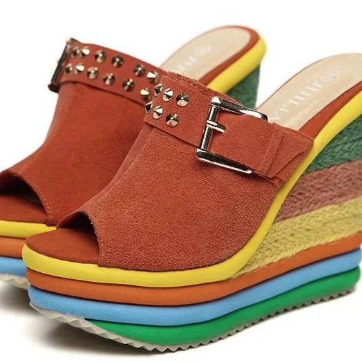 Punk Style Metal Rivet High Heels Sexy Fish Mouth Super High Heel Slippers Color Matching Rainbow Muffin Bottom Sandals 33&43
Punk Style Metal Rivet High Heels Sexy Fish Mouth Super High Heel Slippers Color Matching Rainbow Muffin Bottom Sandals 33&43