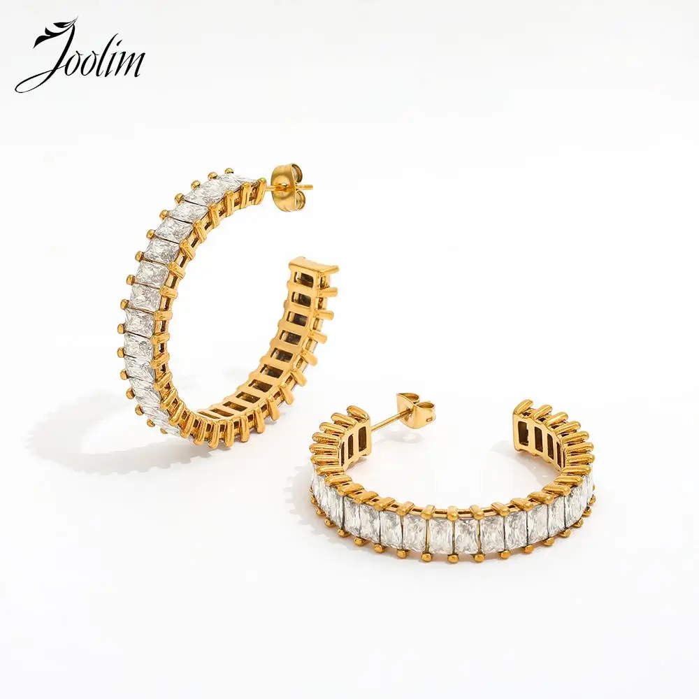 

Joolim Jewelry High Quality PVD Wholesale Waterproof Luxury Large Rectangle Zirconia Pave Hoop Stainless Steel Earring for Women