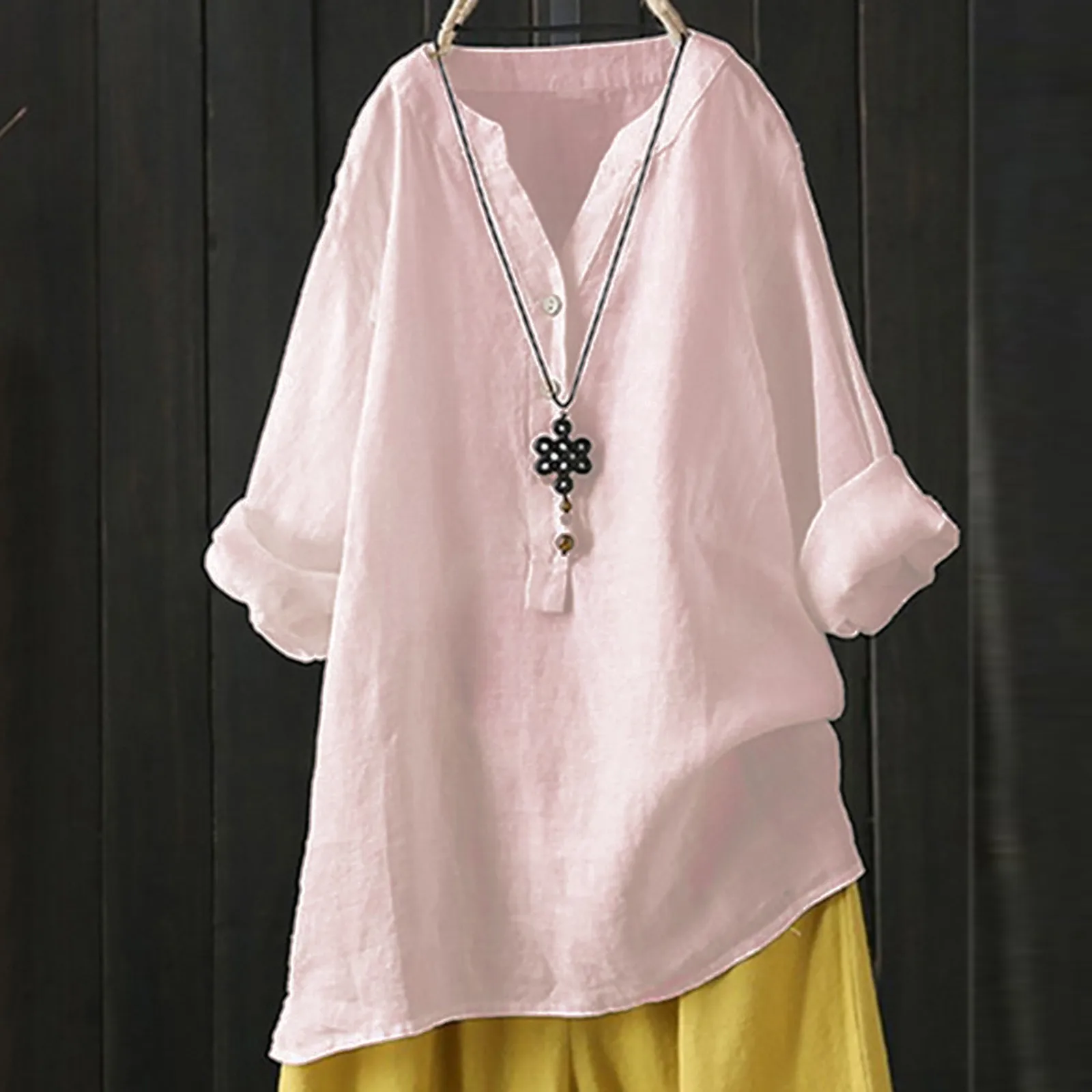 Women'S Solid Color Loose Fit V-Neck Shirt Lady Casual Full Sleeve With Button Blouse Vintage Prairie Chic Female Tops
Women'S Solid Color Loose Fit V-Neck Shirt Lady Casual Full Sleeve With Button Blouse Vintage Prairie Chic Female Tops