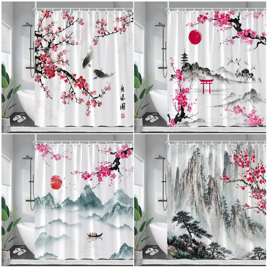 

Ink Landscape Shower Curtain Pink Red Floral Carp Abstract Mountain Chinese Art Bathroom Curtains Fabric Home Decor with Hooks