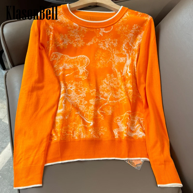 

4.14 KlasonBell Fashion Classic Tiger Print Pattern Silk Spliced Wool Knitwear Top For Women O-Neck Short Pullover Jumpers
