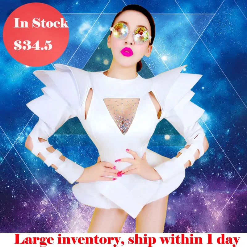 

Women White Bodysuit Jazz Dance Costumes Bar Dj Dancers Sexy Nightclub DS Singer Hiphop Clothes Color Diamons Outfit Stage Wear
