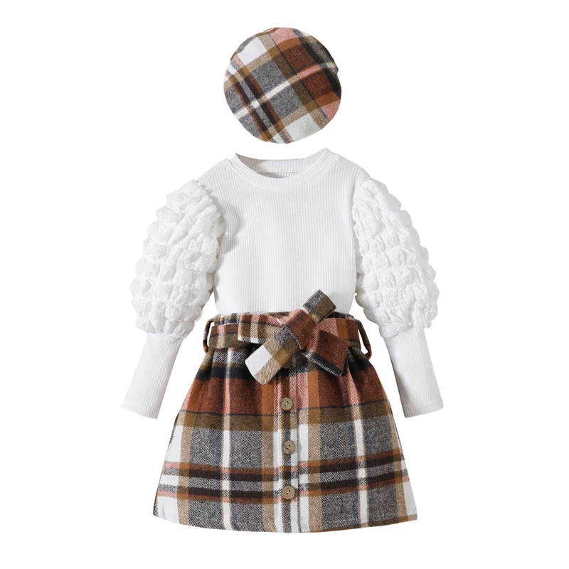 

Girl s Autumn 3 Piece Outfits Long Puff Sleeve Ribbed Tops Button Belted Plaid Skirt Beret Set