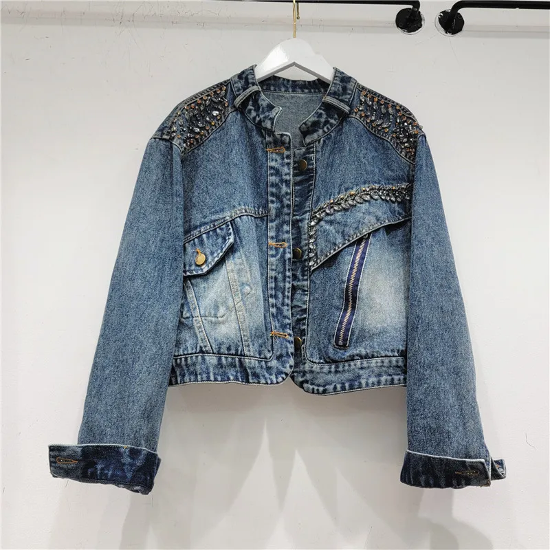 Heavy Work Diamonds Stand Collar Denim Jacket Women Loose Short Cowboy Outerwear Autumn Korean Black Blue Jeans Jacket Female
Heavy Work Diamonds Stand Collar Denim Jacket Women Loose Short Cowboy Outerwear Autumn Korean Black Blue Jeans Jacket Female