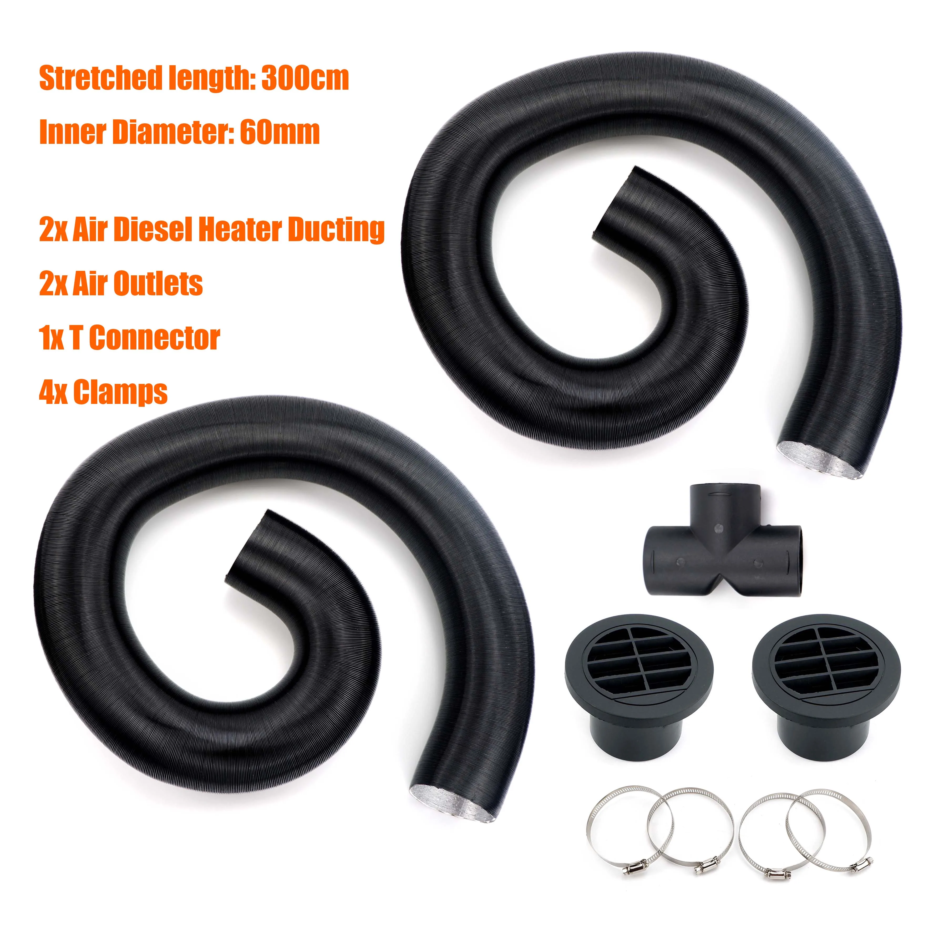 Air Diesel Heater 2x 60mm Diameter 300cm Length Duct Pipe Tube Hose + 2x Rotable Outlet 1x T Connector + 4x Clamps For Car Truck
Air Diesel Heater 2x 60mm Diameter 300cm Length Duct Pipe Tube Hose + 2x Rotable Outlet 1x T Connector + 4x Clamps For Car Truck