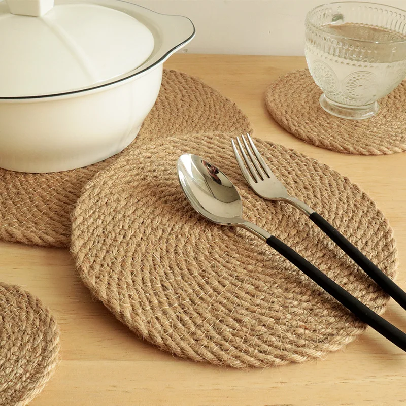 

Thermal Insulation Mat, Linen Grass Woven Meal Mat, Japanese Style Mat, Round Dining Table Mug Plate Mat