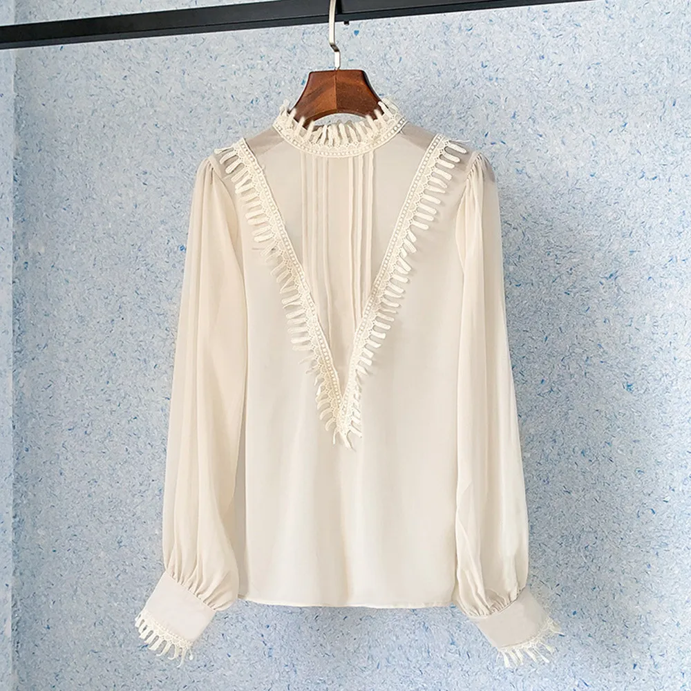 

2022 Spring Summer Women's Vintage Chiffon Shirt France Style Elegant Stand Collar Blouses B272